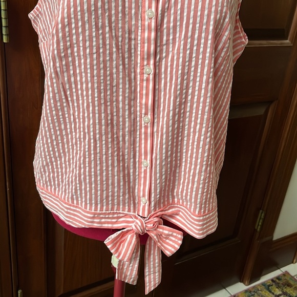 Elle Button-down sleeveless shirt striped coral/ white Ties at waist Size M - Picture 3 of 9